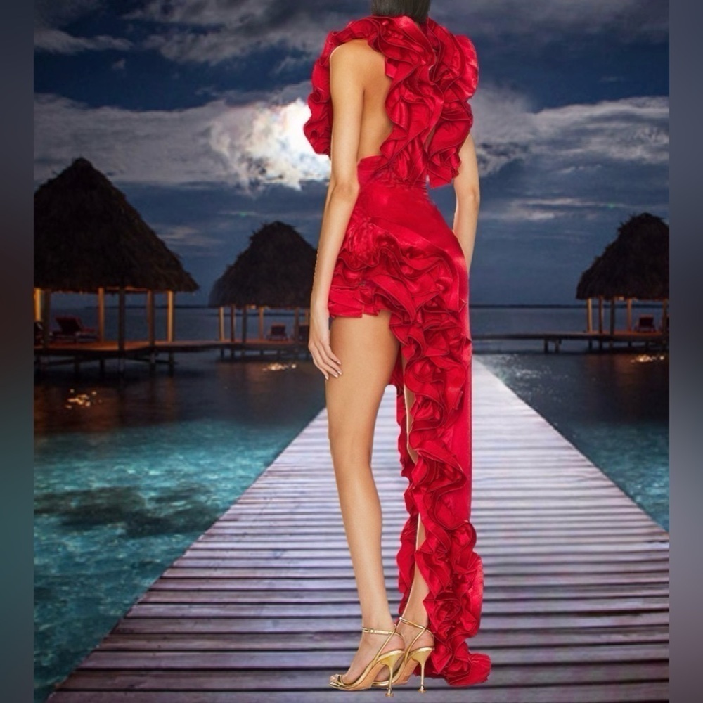 Ruby Red Luxury One Piece Swimsuit Set & Skirt Evening Gown Set - Picture 7 of 12
